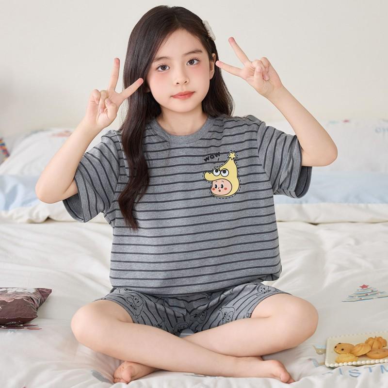 Girls Cotton Pajama Set Short Sleeve Cartoon Print Sleepwear Comfortable Home Wear Kids 8 Years