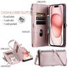 015 Style For iPhone 15 Pro Stand Case Leather Zipper Pocket Phone Cover with Strap