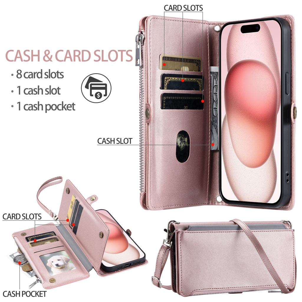 015 Style For iPhone 15 Pro Stand Case Leather Zipper Pocket Phone Cover with Strap
