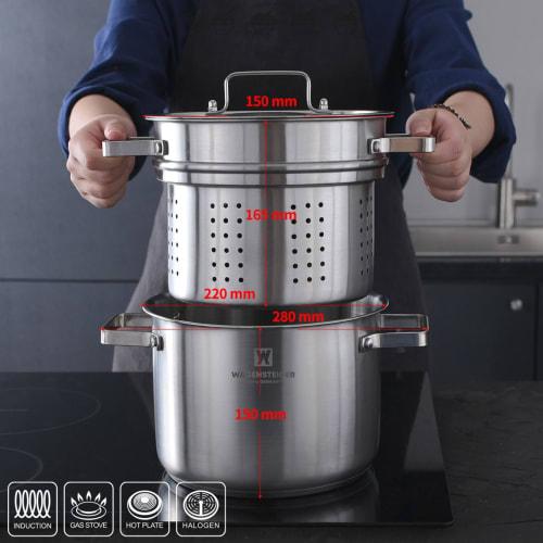 Premium Stainless Steel Tall Steamer Pot for Asparagus, Vegetables, Spaghetti, and Pasta, Stovetop Cookware with Removable Perforated Basket and Lid,