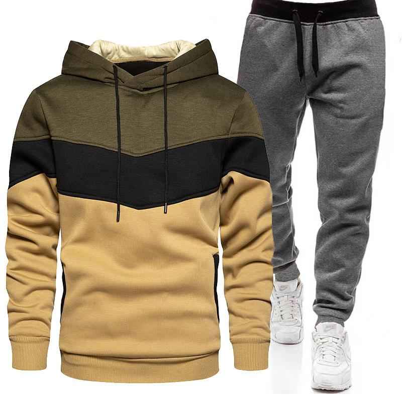 Sports Suit Men's Autumn Winter Plus Size Loose Hooded Sweatshirt Sweatpants Color Blocked 2-piece Set Light Plate
