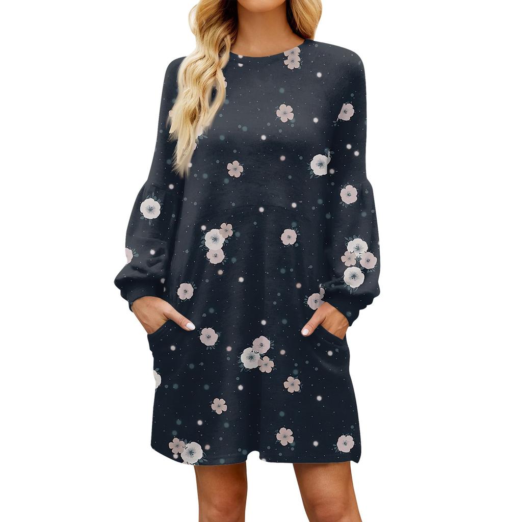 Модное женское осеннее повседневное свободное платье с цветочным принтом и длинным рукавом