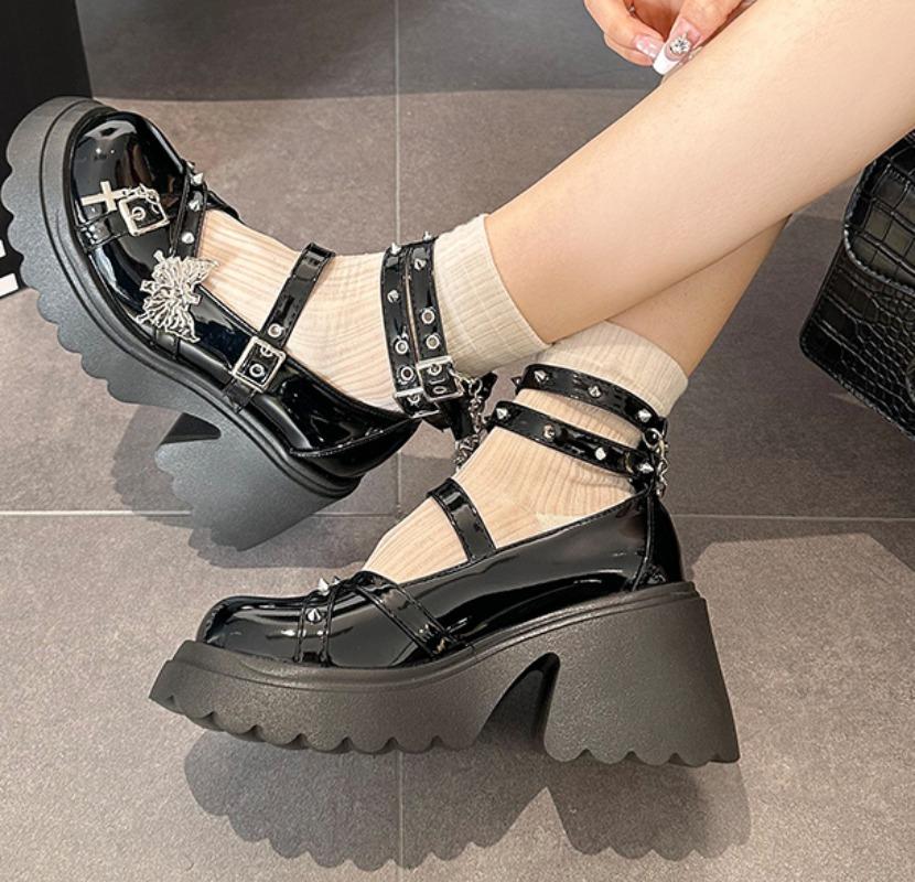 Square Heel Shoes Summer New Round Head Shallow Mouth Metal Buckle Rivets Waterproof Platform Non-slip High Heels