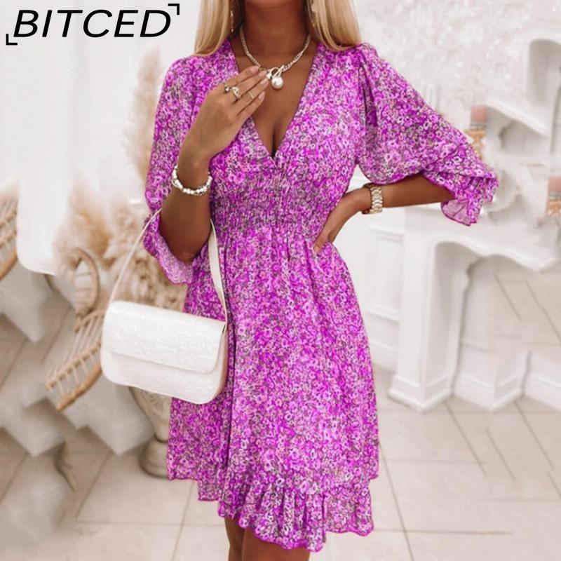 BITCED Летние мини-платья с цветочным принтом, женское винтажное сексуальное платье А-силуэта с V-образным вырезом и короткими рукавами, женское повседневное элегантное пляжное платье