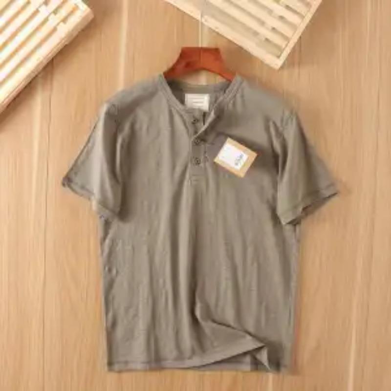 Мужская хаки футболка-henley с коротким рукавом из льна и хлопка
