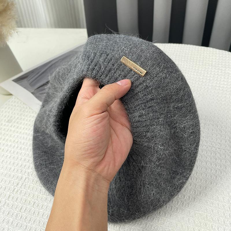 Rabbit Hair Beret Hat for Women Autumn Winter Korean Gray Painter Hats Retro Iron Logo Yarn Bud Caps