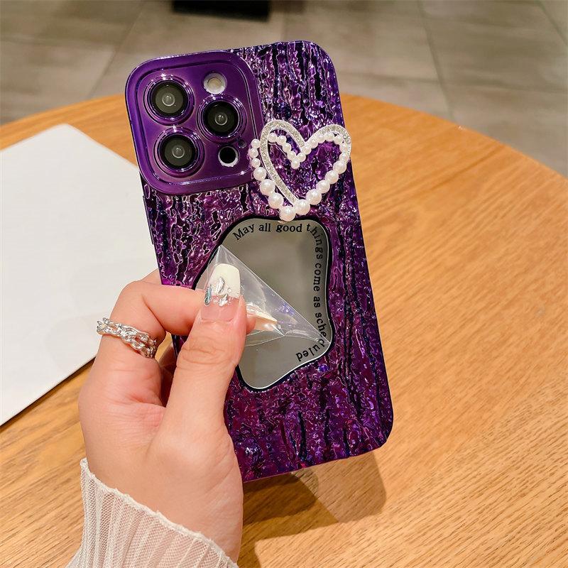 Роскошный чехол для макияжа с зеркальным принтом в виде камня и жемчужным сердечком для iPhone 15 Pro Max 14 13 12 Pro Max 11, универсальный защитный чехол от падения