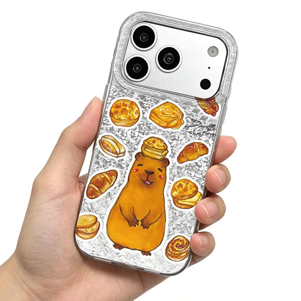 Phone Case for iphone XS Max XR 18 Pro Max 13 15 12 Air 14 16 Plus 17 Pro 11 Capybara & Breads Silver Cracked Texture Shockproof Cover