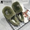 Winter Crystal Wheat Chaussures Femme New  Ladies Fluffy Fur Flat Shoes Soft Bottom Warm Plush Loafers Slip-on Creeper Woman
