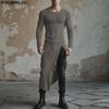 Autumn Winter Men Round Neck Long Sleeve Irregular High Splits Long Tops Pullovers