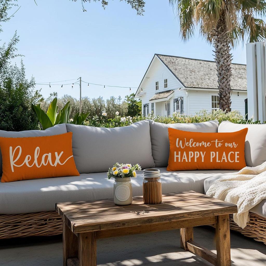 Welcome to Our Happy Place Relax Decorative Throw Pillow Covers 12x20 Inch Set of 2 Orange Outdoor Farmhouse Spring Fall Decor Lumbar Cushion Case