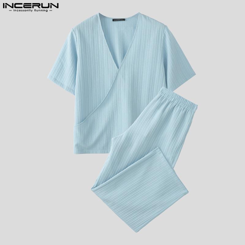 INCERUN Мужские комплекты из двух предметов: рубашка с коротким рукавом и текстурой, с V-образным вырезом, и длинные прямые брюки