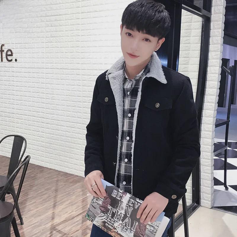 Мужская зимняя облегающая джинсовая куртка из бархата с имитацией овечьей шерсти