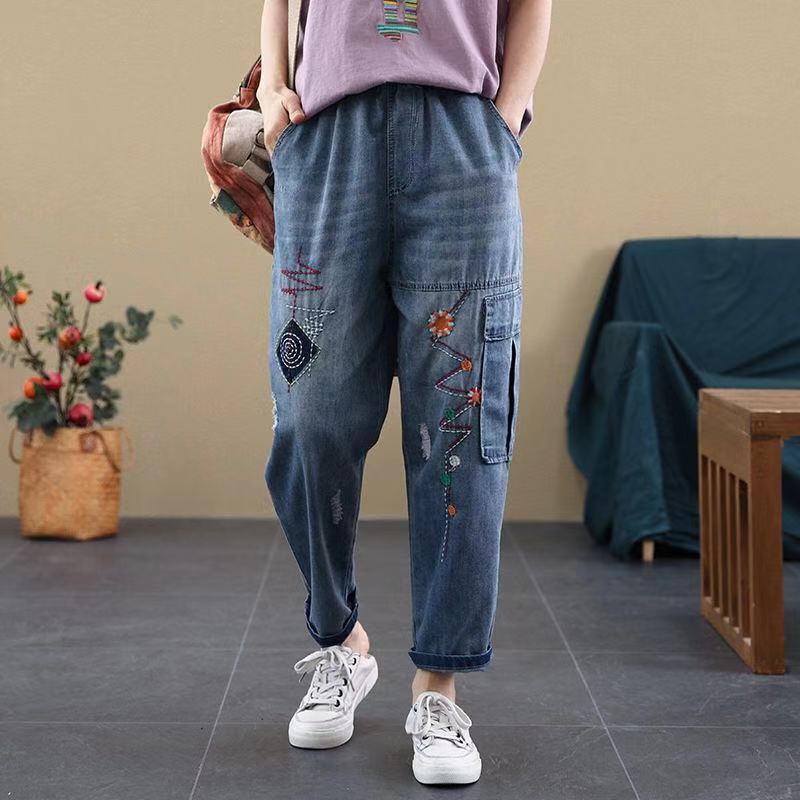 Женские ретро джинсы с вышивкой, рваные, с эластичной талией - зауженный гаремный стиль для весны и осени (Тенденция 2025 года)