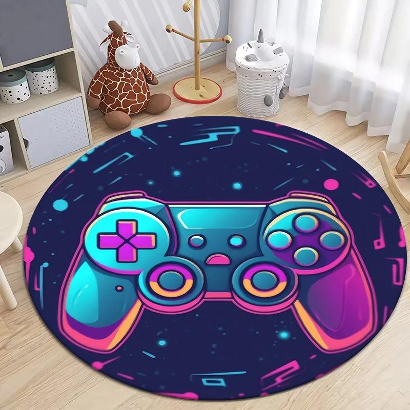 Game Controller Round Area Rug Cartoon Gamer Carpet Rug for Living Room Children's Bedroom Sofa Decor Non-slip Floor Mat