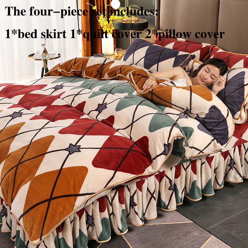 Костюм из четырех частей из молочного бархата плюс утепленное бархатное мягкое приятное для кожи постельное белье. Двусторонняя бархатная юбка-кровать устойчива к грязной зиме.