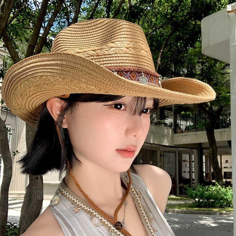 Wide Brim Sunscreen Straw Hat Ethnic Style Jazz Hat Fashion Sun Hat Men