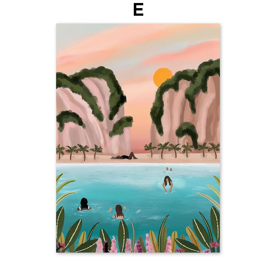 Бохо Абстрактная Девушка Озеро Птицы Лист Иллюстрация Настенное Искусство Холст Живопись Скандинавский Постер И Принты Картины Для Декора Гостиной