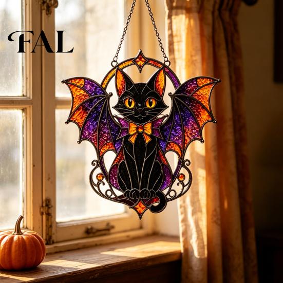 Spooky Farmhouse Party Supplies Halloween Bat Cat Suncatcher, Stained Glass Style Acrylic Sun Catcher, Gothic Dark Aesthetic Room Decor Black Hanging