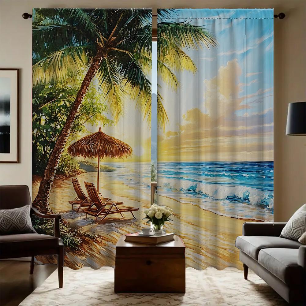 Home Coconut Tree Sea View Curtains Landscape Background Kitchen Coffee Shop Living Room Curtain For Great Made Of Polyester With Pole Pocket