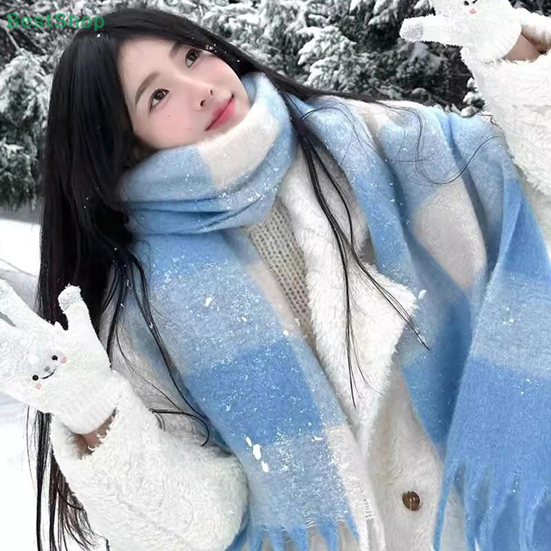 Женский зимний пушистый шарф-палантин в сине-белую клетку в корейском стиле - Утолщенный теплый длинный плюшевый шарф на шею