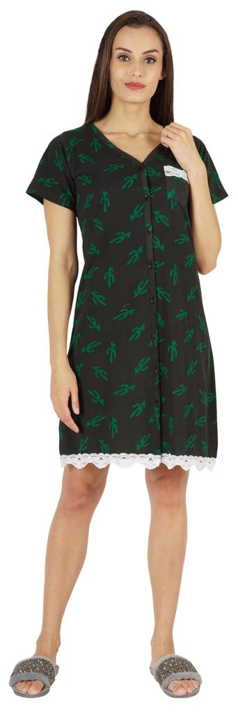 Inkmeso Printed V-Neck Nightgown Sleepwear For Womens Nightshirt Soft Button