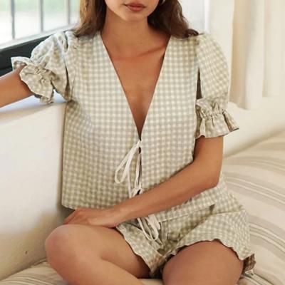 2 шт./компл. женский топ с шортами, комплект на шнуровке с бантом, декор с пышными рукавами, богемный стиль, глубокий V-образный вырез, рюшами в клетку, с принтом, свободная блузка с эластичной резинкой на талии, комплект брюк