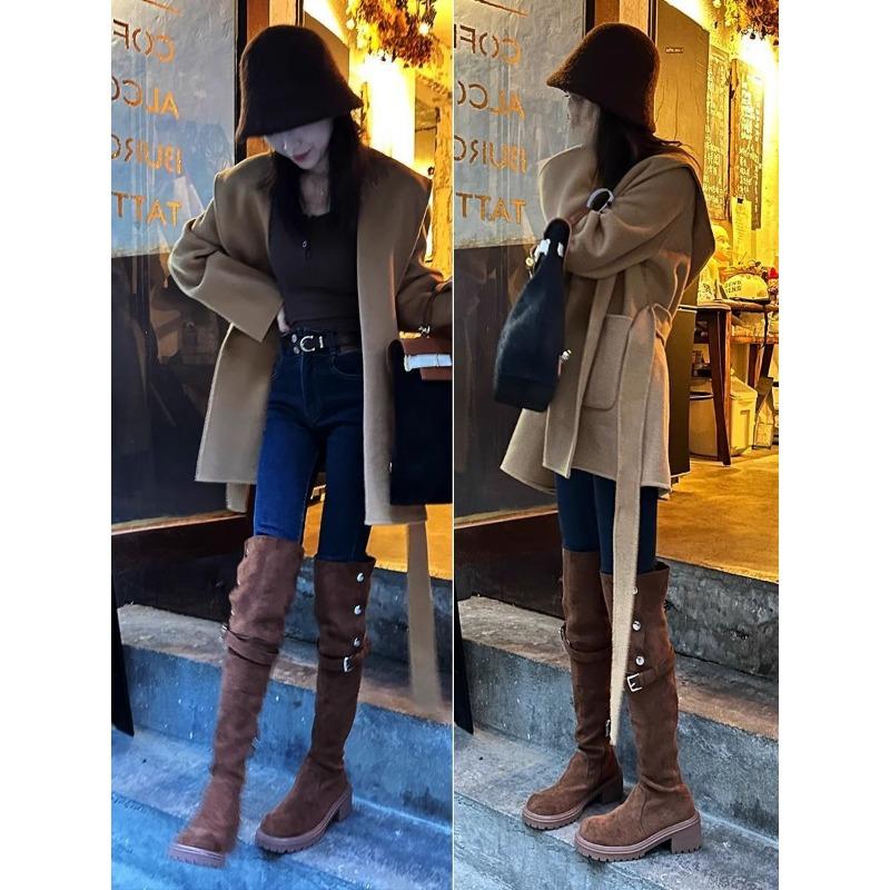 Модные ботфорты женские высокие сапоги ретро черные верхняя одежда ковбойские сапоги весна и осень новые модели