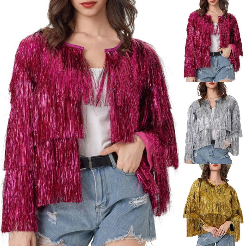Women's Sequin Fringe Jackets Sparkly Tassel Hem Long Sleeve Open Front Jacket Outerwear
