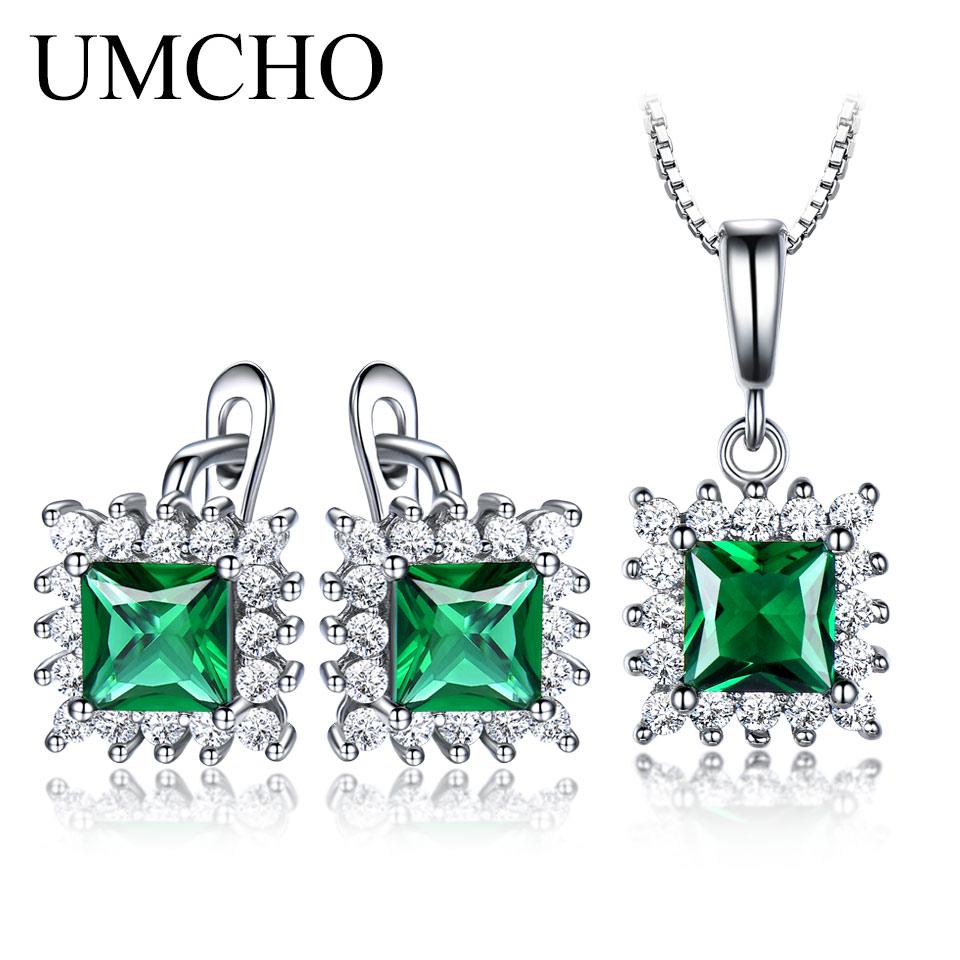 Umcho 925 Sterling Silver Green Emerald Gemstone Earrings Necklace Set for Women