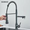 Black Pull Down Kitchen Sink Faucet Hot Cold Water Mixer Crane Tap with Dual Spout 360 Rotation High Faucet Deck Mounted