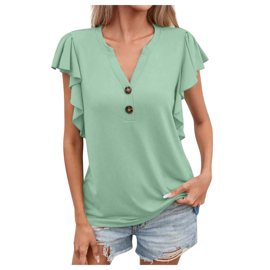 Женские летние топы с короткими рукавами, на пуговицах, с V-образным вырезом, свободные, повседневные, однотонные, удобные