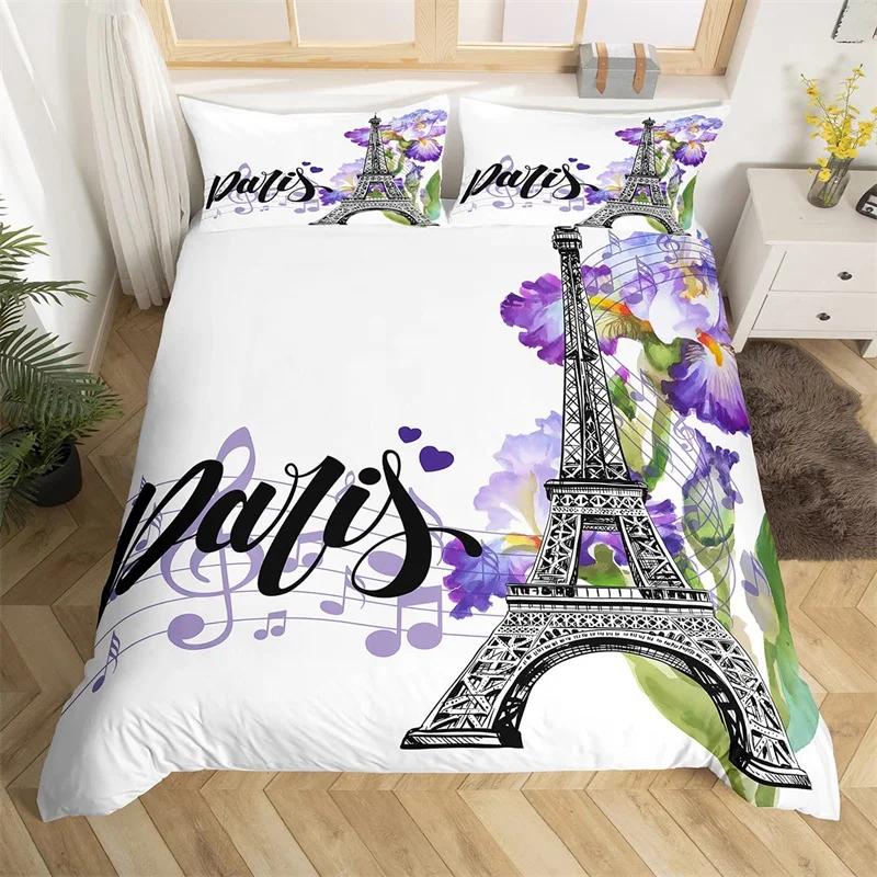 Paris Eiffel Tower Duvet Cover Set Twin King Cherry Blossoms Comforter Cover Microfiber Romantic Theme Bedding Set For Girl Teen