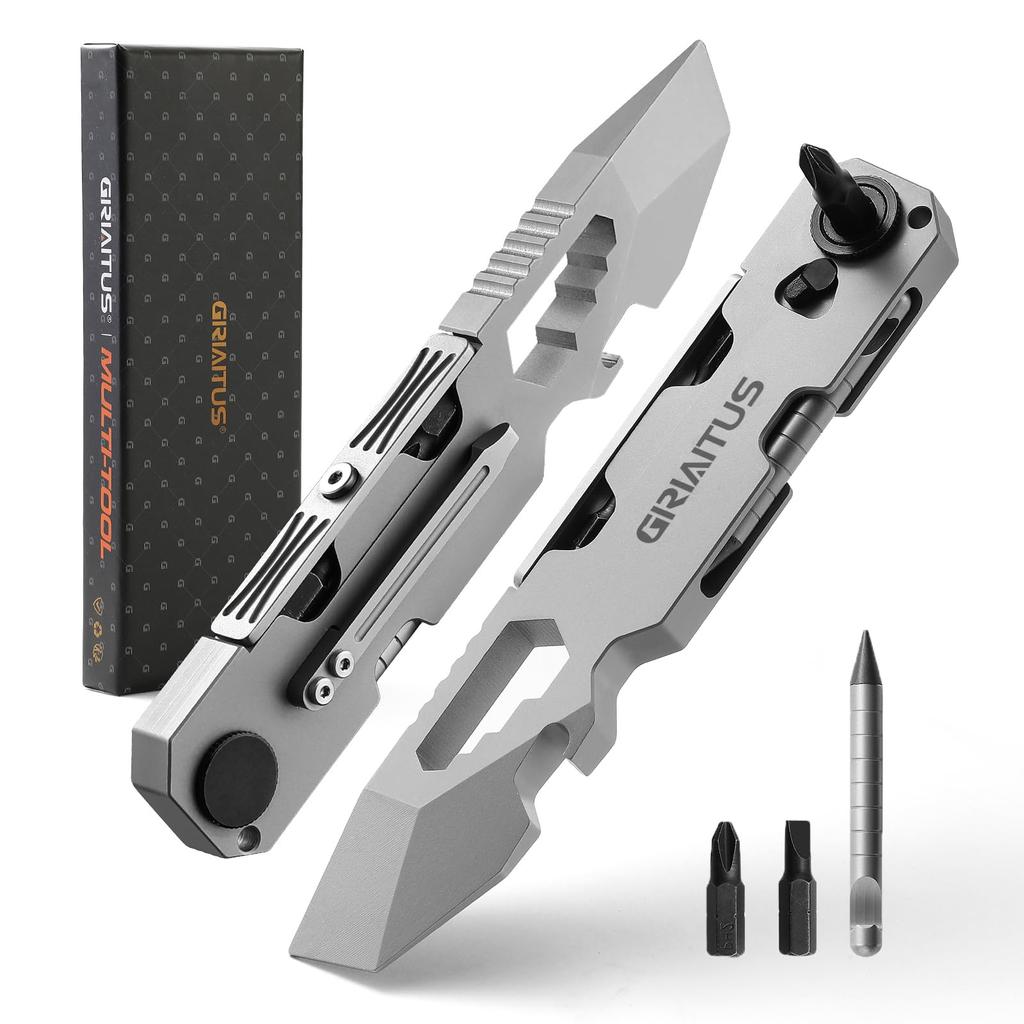 EDC Prybar Multi-Tool with Two-way Ratchet Driver & Permanent Pen, Wrench, Riveter, Crowbar, Bottle Opener, Box Opener Tool, Great Everyday Carry and