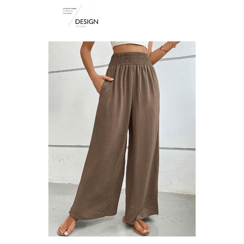 High-waist Casual Simple Solid Color Elastic Waist Loose Wide-leg Pants
