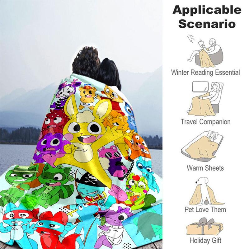 1pc Blanket Happy Tree Friends Print Design, Lightweight Blanket for Sofa, Bed- Soft &Warm, Gift for All Seasons like Christmas, Halloween
