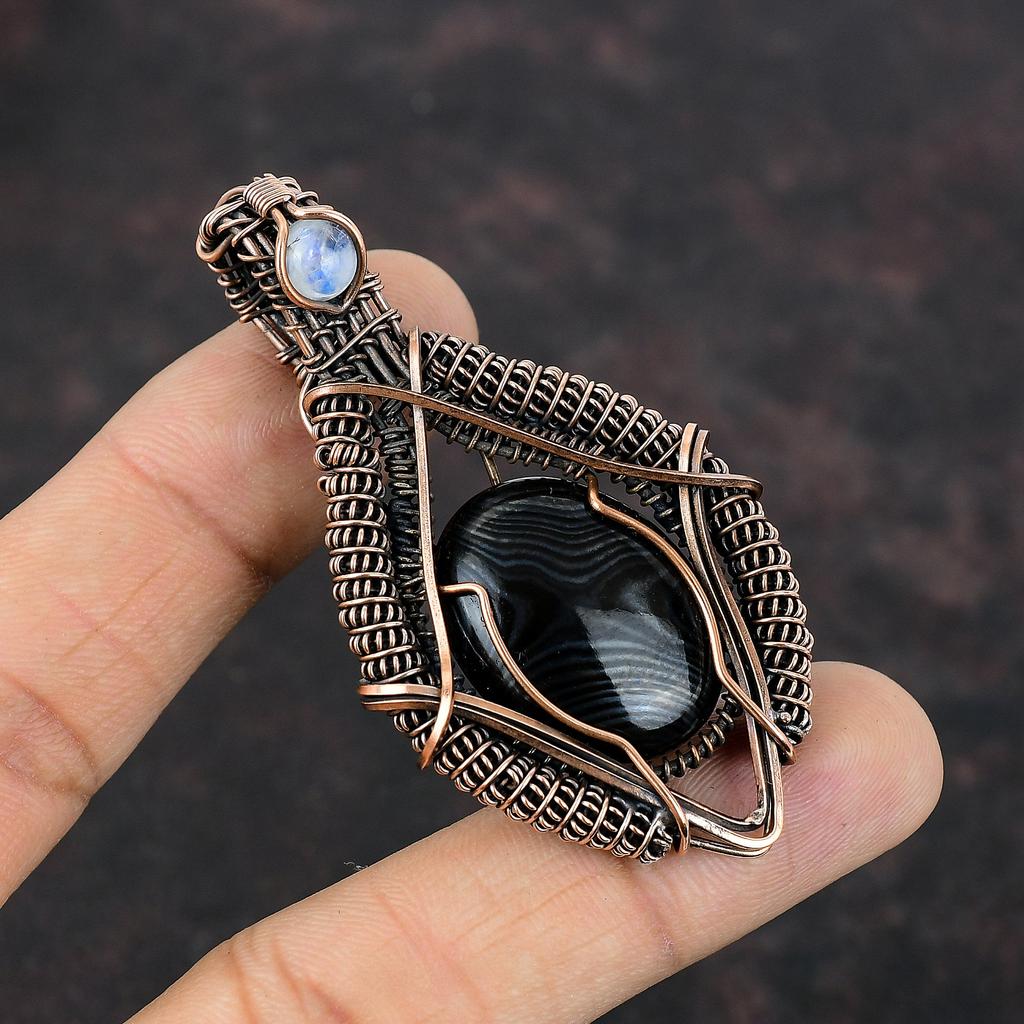 Psilomelane Gemstone Pendant Rainbow Moonstone Pendant Copper Wire Wrapped Pendant Handmade Wire Wrap Jewelry Gift For Mother Copper Jewelry