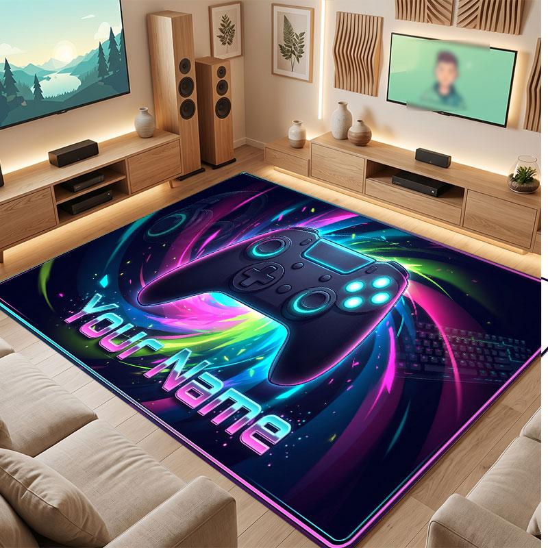 Game Controller Theme Crystal Velvet Floor Rug Personalized Custom Name Text Warm Carpet Home Decoration