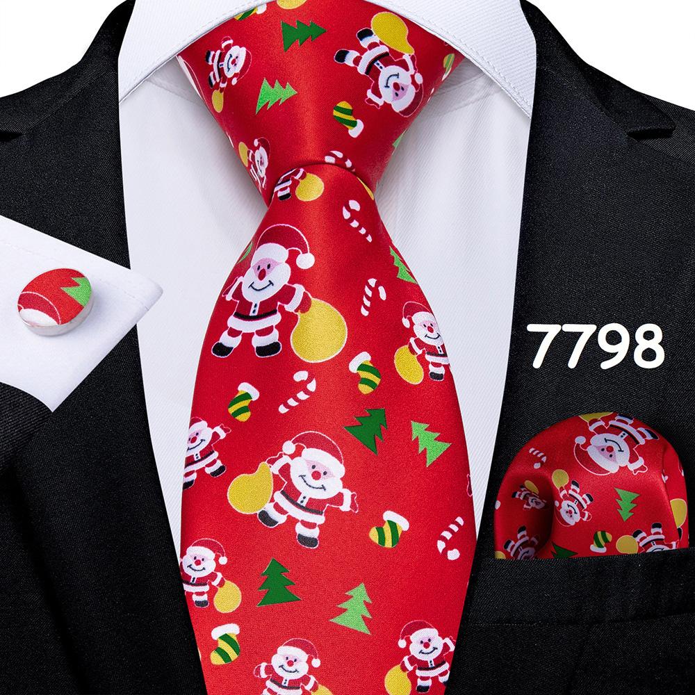 Mens Christmas Tie Set Red Blue Green 8cm Wide Silk Neck Tie Hanky Cufflinks Set Gift For Men Accessories
