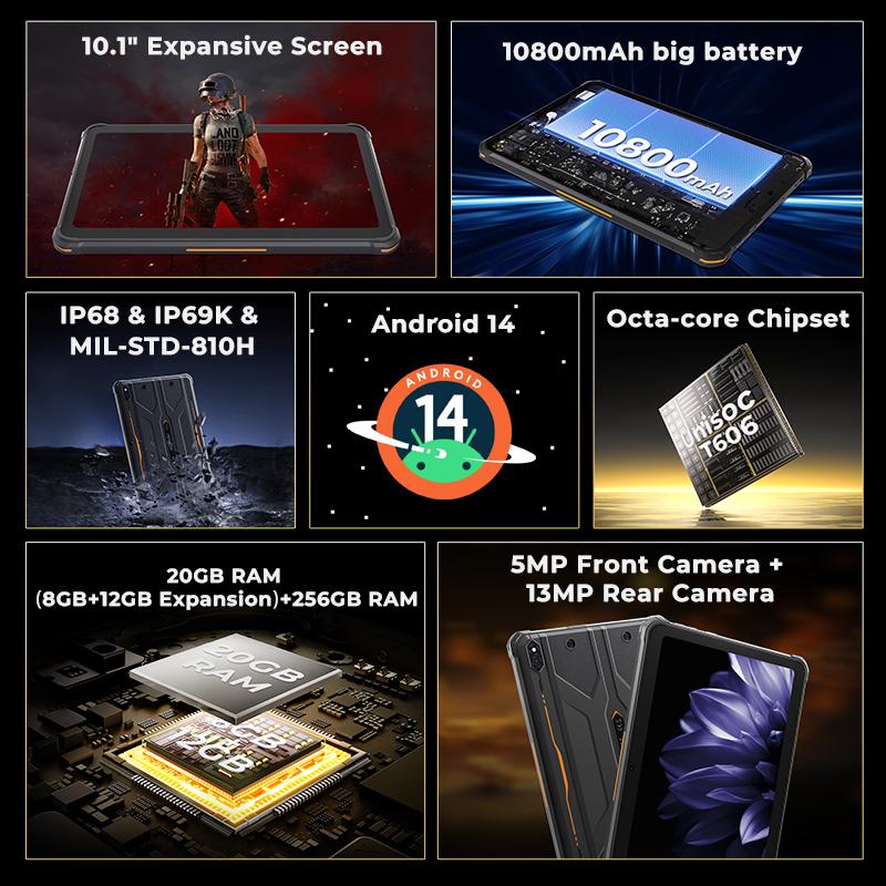 2025 HOTWAV R10 Pro Защищенный планшет Android 14 10,1'' HD+10800 мАч аккумулятор ПК 5 МП+13 МП камера 8 ГБ+256 ГБ 8-ядерный OTG зарядный планшет