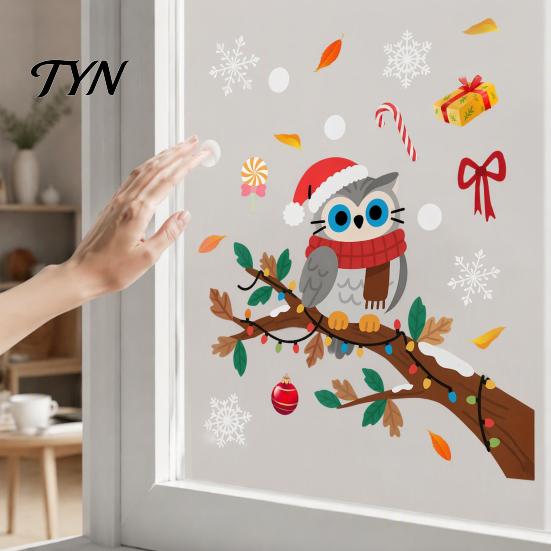 Removable PVC Holiday Decorations Cute Christmas Owl Window Sticker, Snowy Branch Candy Glass Decal, Waterproof Decals Xmas Decor for Home Store Front