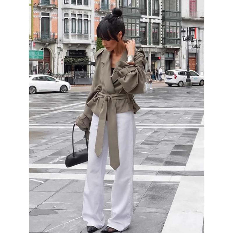 Женская однотонная куртка с длинным рукавом на шнуровке, модное однотонное пальто-тренч короткой длины с лацканами и поясом для осени и на каждый день, уличная одежда