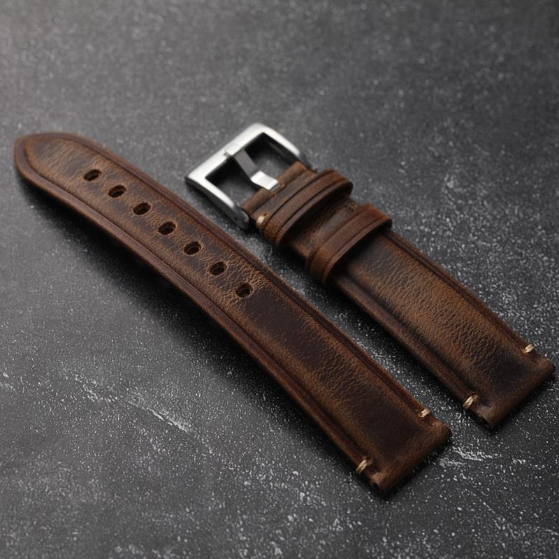 For Italian Oil Wax Leather Vintage Men Strap 18 19 20 21 22MM Thick Watch Bracelet Crazy Horse Leather Brown Bracelet