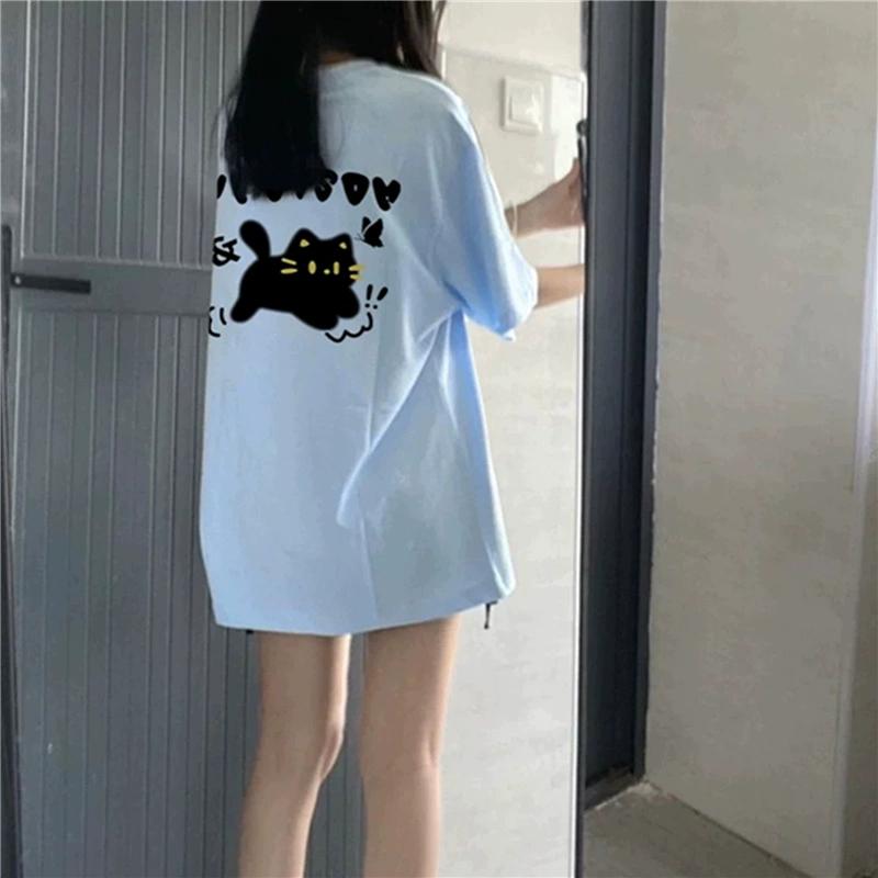 Футболки из чистого хлопка, женские, летние, с милым мультяшным принтом, в стиле хип-хоп, повседневные, в стиле Харадзюку, большие, с коротким рукавом, синие, для девочек 2010 года