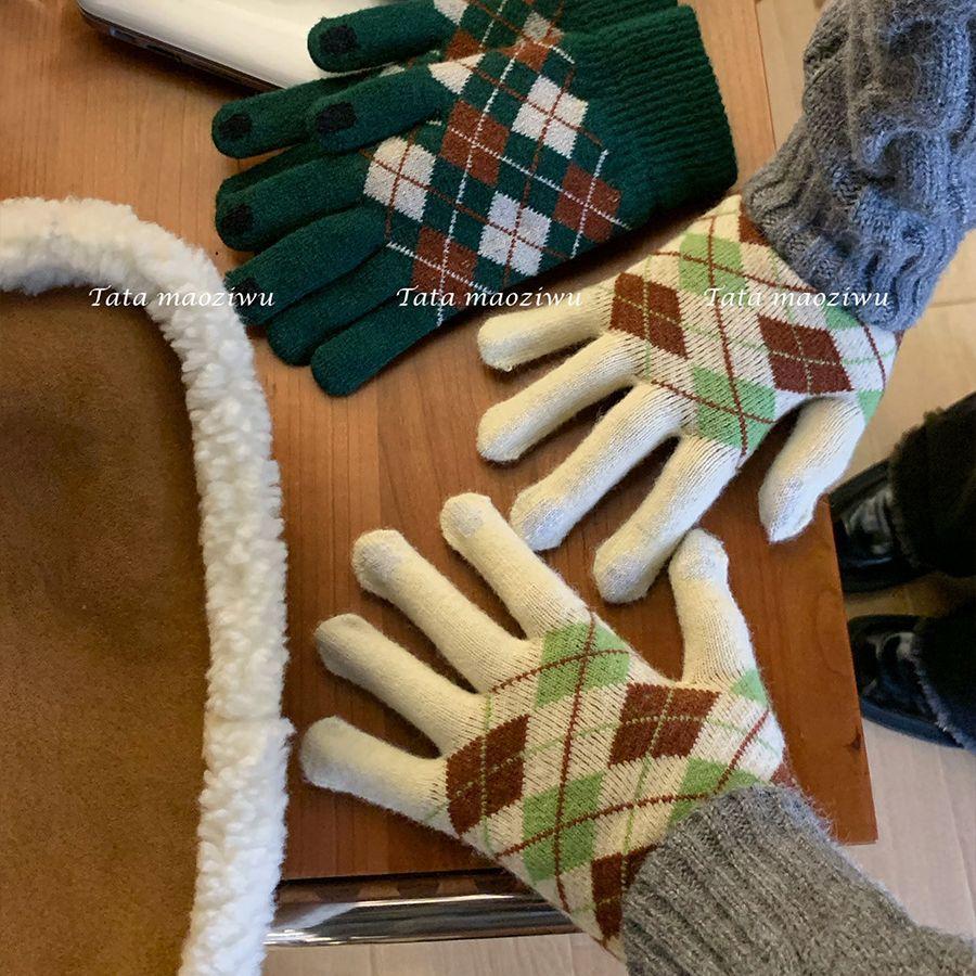 Теплые перчатки для женщин на зиму, шерстяные вязаные, цветные блоки, ромбовидный узор, ветрозащитные, с плюшевой подкладкой, пятипалые, студенческие, для верховой езды, с сенсорным экраном