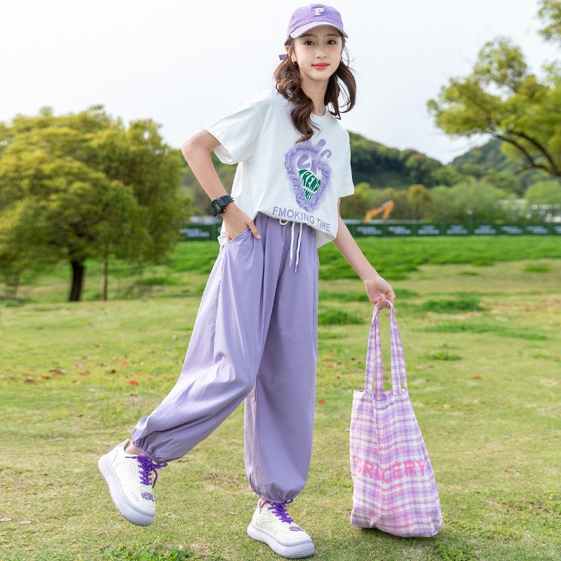 Весенний спортивный костюм для девочек-подростков, короткая футболка с фруктами и штаны с завязками на щиколотках, детский комплект, спортивный костюм для детей 5, 8, 12, 9, 14 лет, одежда