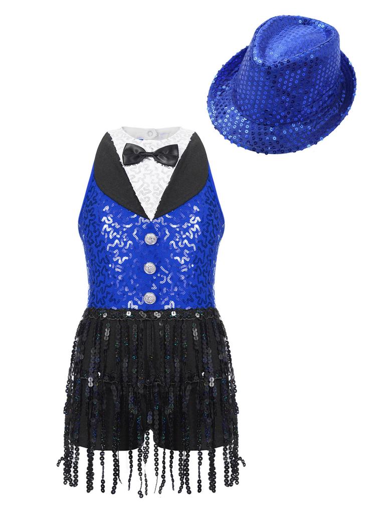 Детский танцевальный костюм для латинского танго, джаза, румбы, костюм из двух предметов для уличных танцев, черлидинга, комбинезон с блестками и шляпой, детский танцевальный конкурс