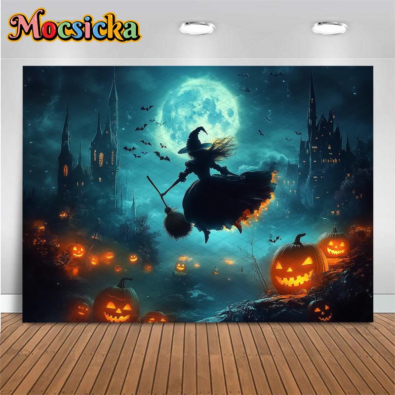 Mocsicka Halloween Witch Photo Backgrounds Shooting Props Moon Castle Bat Jack-O-Lanterns Party Decorations Photography Backdrop