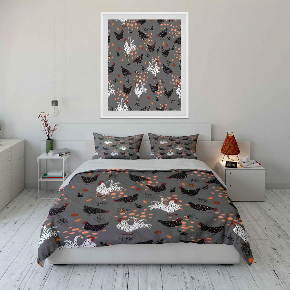 Farmyard Chicken Pattern Bedding Duvet Cover Set (1*Duvet Cover 2*Pillowcases, without duvet insert)