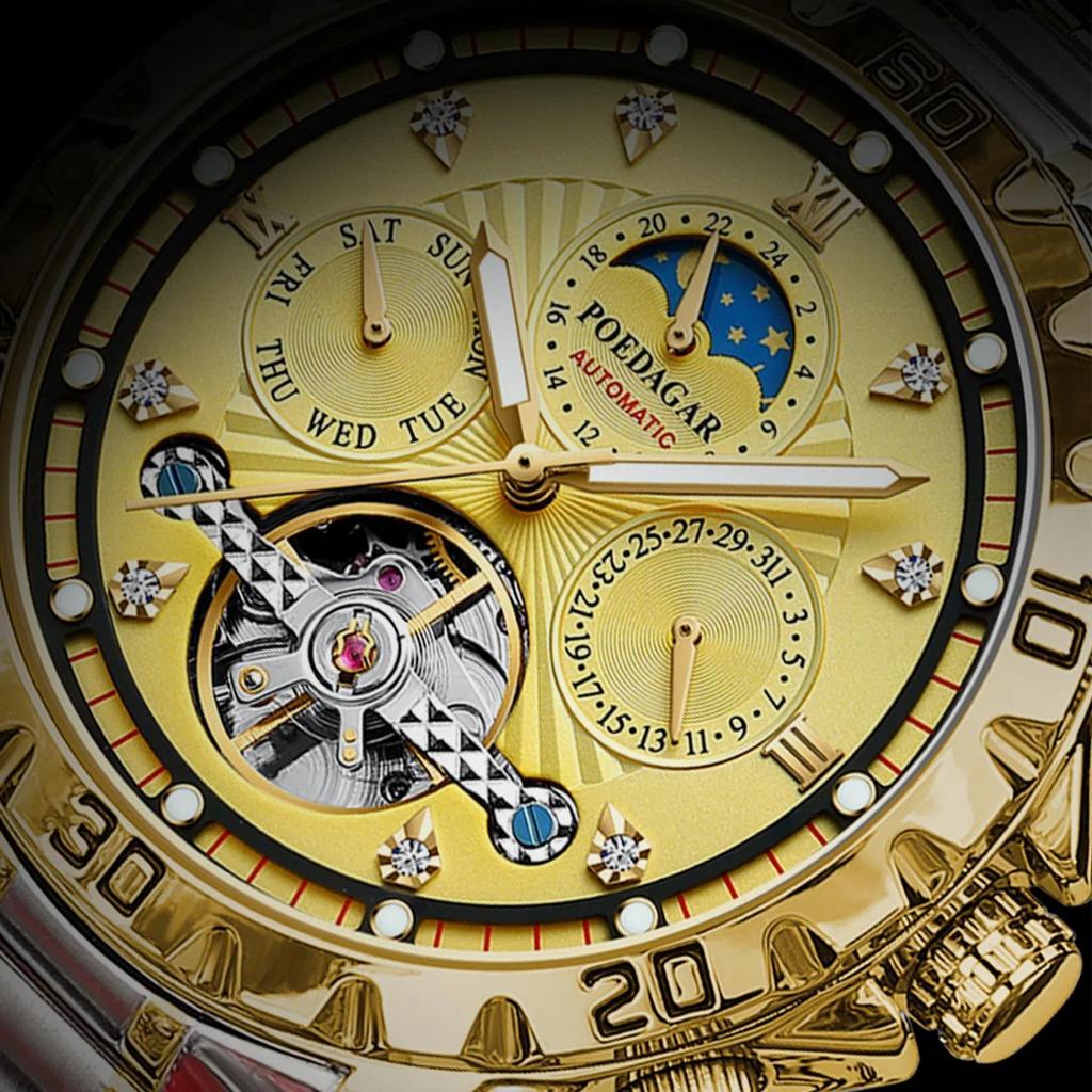 POEDAGAR Роскошные мужские золотые автоматические механические часы с фазой Луны и турбийоном наручные часы с автоматической датой и неделей из нержавеющей стали